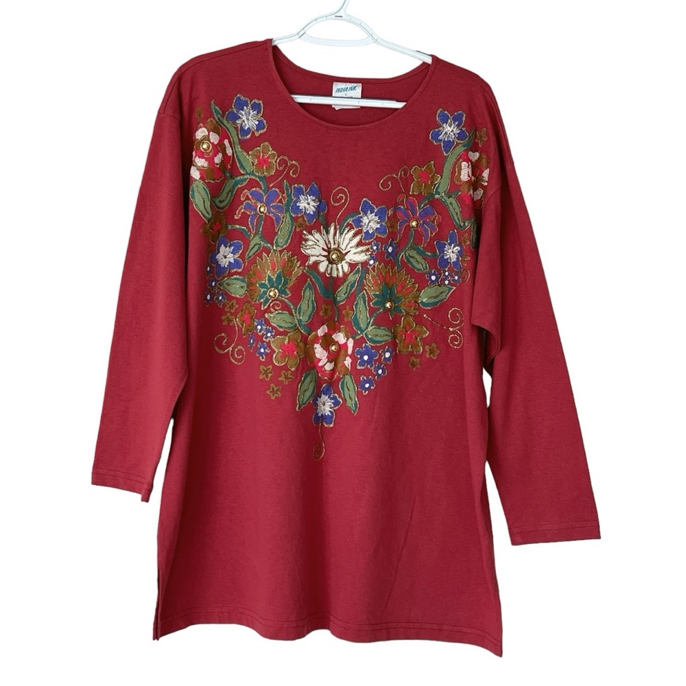 Vintage India Ink Woman Hand Painted 3/4 Sleeve T-shirt Floral Grandmacore 1X